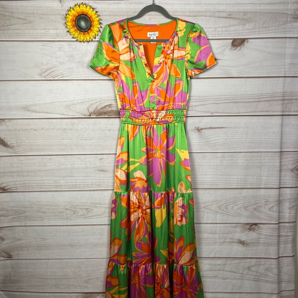Nicole Miller New York Floral Maxi Dress XS Green Orange Purple Smocked Tiered